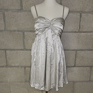 Silver Satin Twist-Bust Mini Dress with Spaghetti Straps